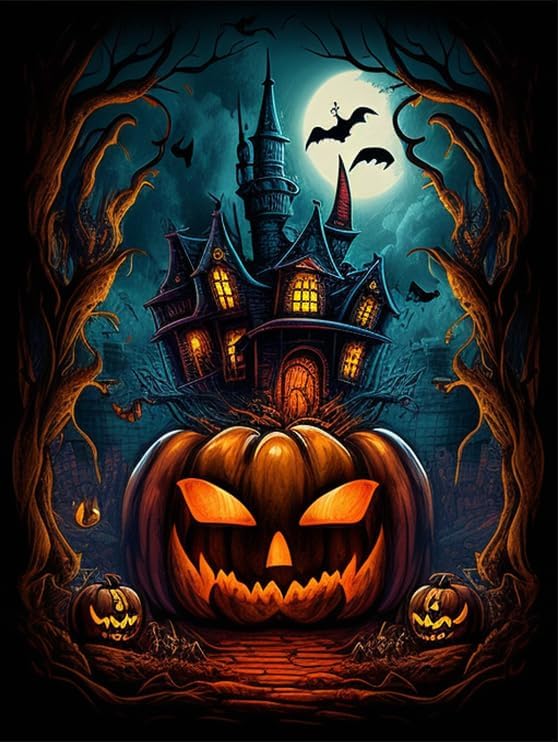Kits de pintura de diamantes para adultos, castillo de calabaza malvada, kit de taladro redondo completo de Halloween 5D, pintura de puntos de