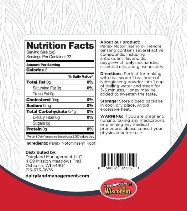 Dairyland Management Pure Panax Notoginseng Powder – 100% natural, mejora el bienestar Tienchi Powder – Ideal para batidos, tés, remedios herbales –
