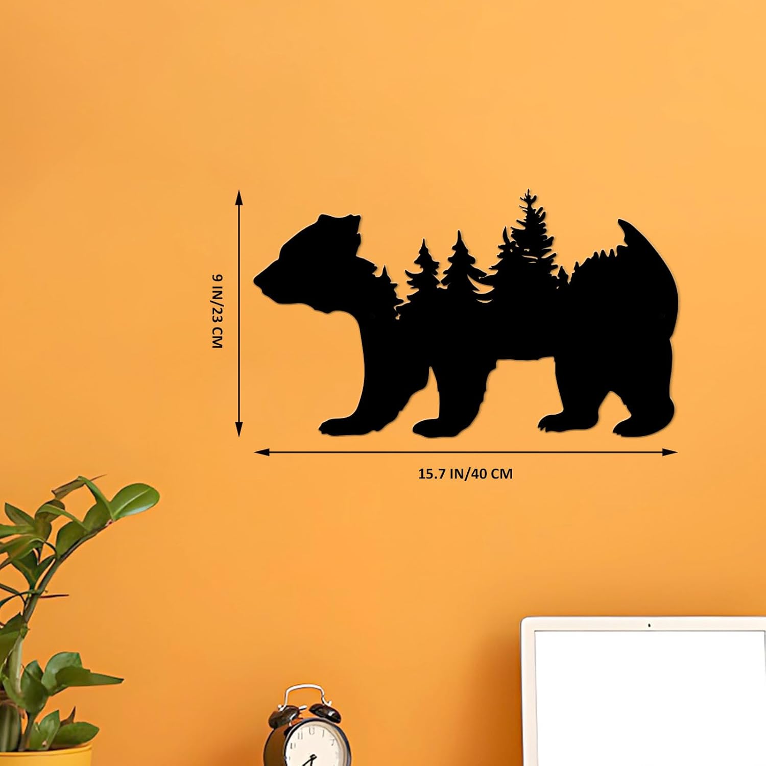 Arte de pared de metal, bosque moderno, pino, oso, decoración rústica, decoración de desierto, adornos de montaña para sala de estar, dormitorio,