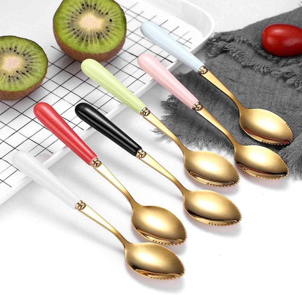 Cucharas de pomelo, cuchara dentada de acero inoxidable con mango de cerámica multicolor para cocina (plata, blanco)