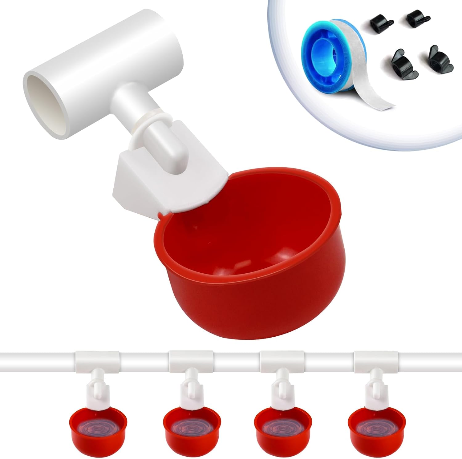 Vasos para bebederos de pollo, 4 paquetes  Tazas de riego para aves de corral con accesorios en T de 12 pulgada, tuerca, cinta de teflón  Sensor de