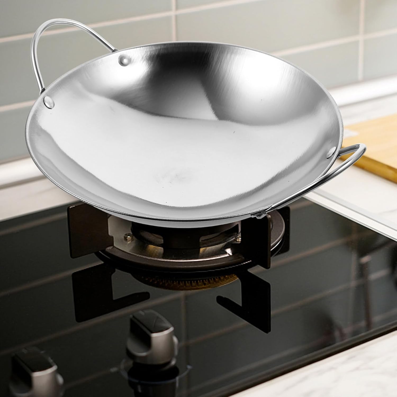 Kichvoe Wok Sartenes de acero inoxidable para freír Pow Stir Fry 2 piezas de fondo plano para uso diario con doble asa olla de cocina para placa de