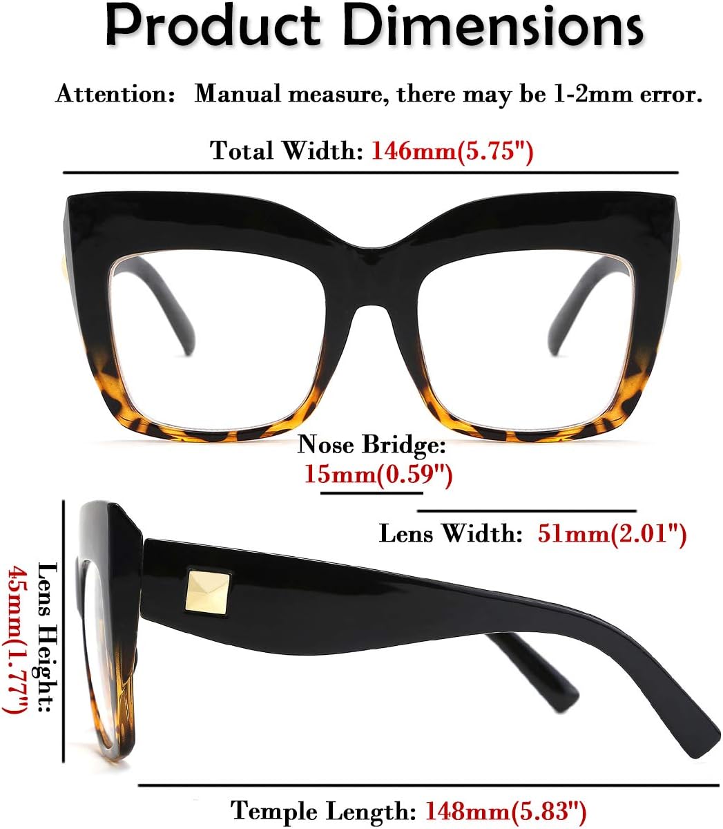FEISEDY Gafas de lectura cuadradas de gran tamaño con filtro de luz azul para mujer B2627