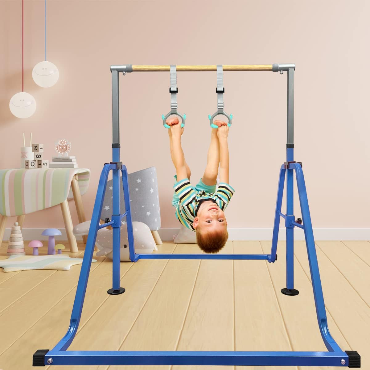 Barra de gimnasia para niños con juego de anillos, 7 alturas ajustables, fácil de plegar, barra de entrenamiento de gimnasia para niños, barras