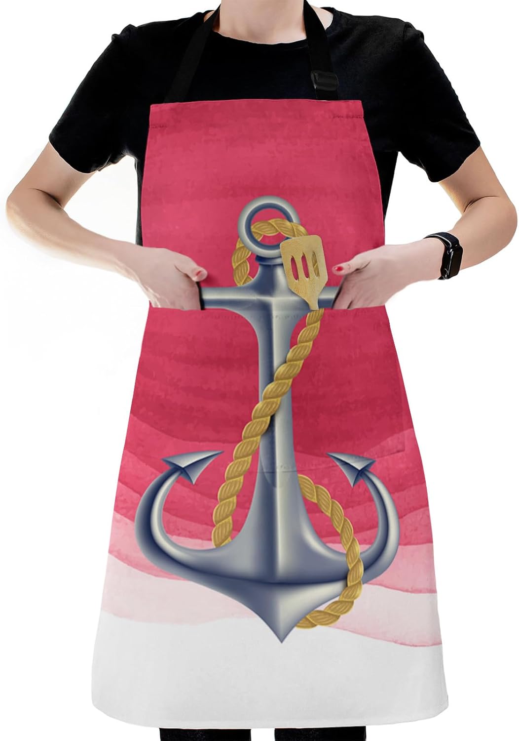 Shine-Home Rose Pink Anchor Bib Aprons for Women With Pockets, Waterproof Canvas Chef Kitchen Cooking Apron for PaintingHair StylistNail Technician,