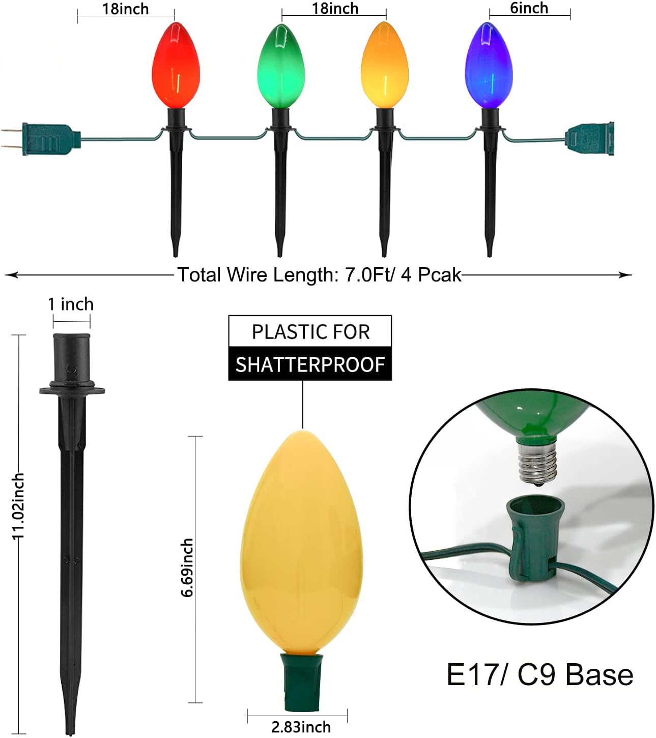 C9 – Luces LED multicolor para Navidad, 1 paquete de 7 pies con 4 luces LED multicolor con 4 estacas, impermeable, para Navidad, césped, pasarela,