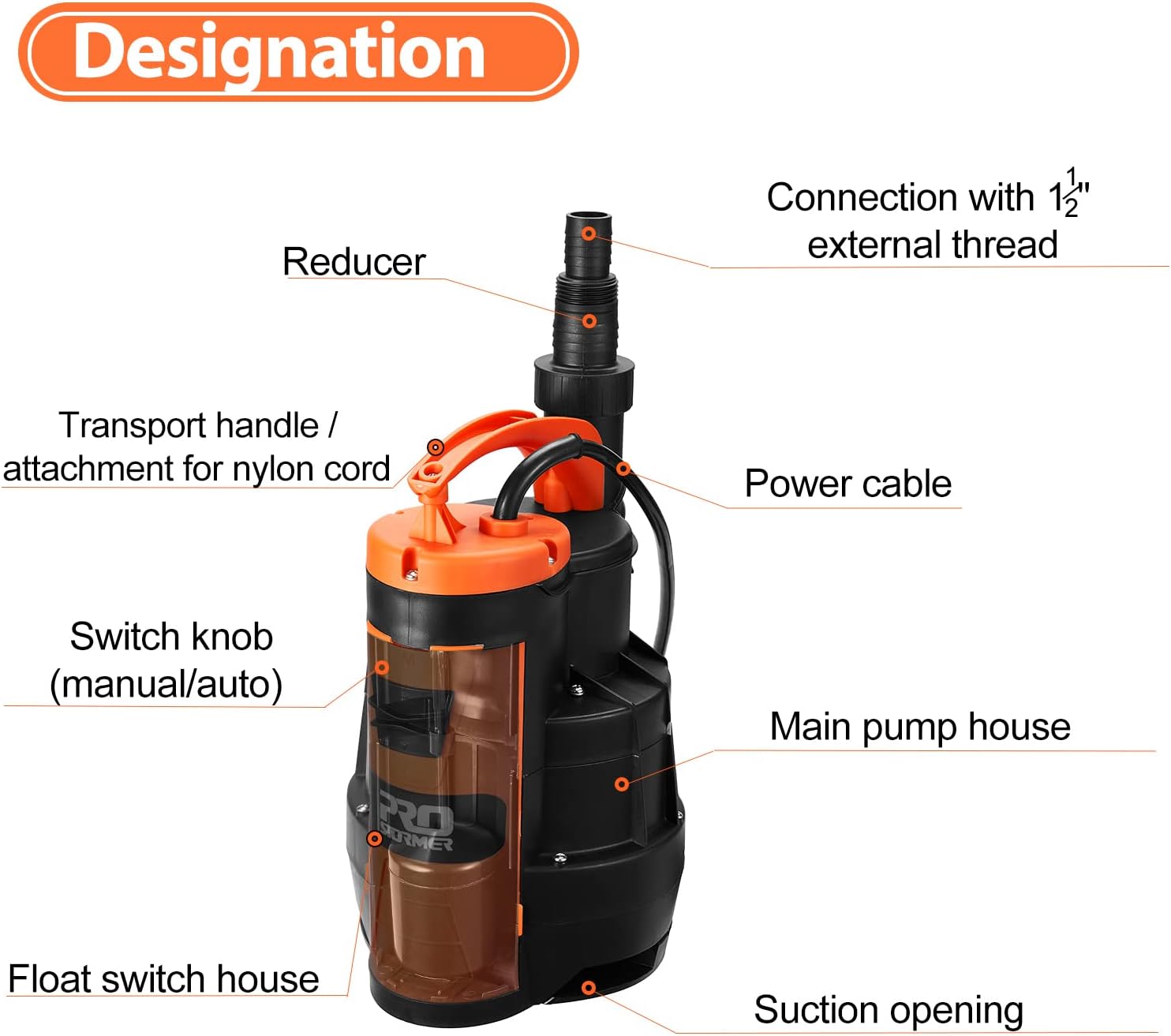 Prostormer Bomba de sumidero, bomba de agua sumergible de 12 HP 2110 GPH, bomba eléctrica portátil con interruptor de flotador integrado para