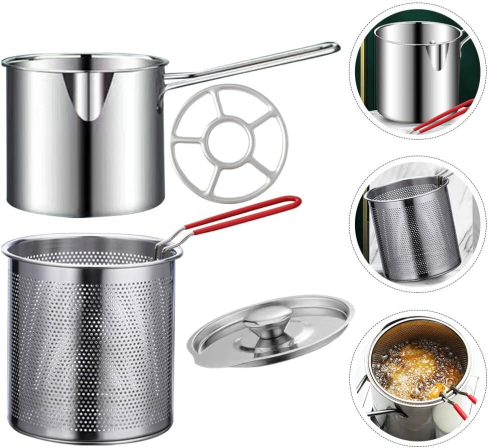 UPKOCH Olla para freír profundamente, 1 juego pequeño con cesta, mini freidora de aceite profunda de acero inoxidable, cocina de pollo de cocina,