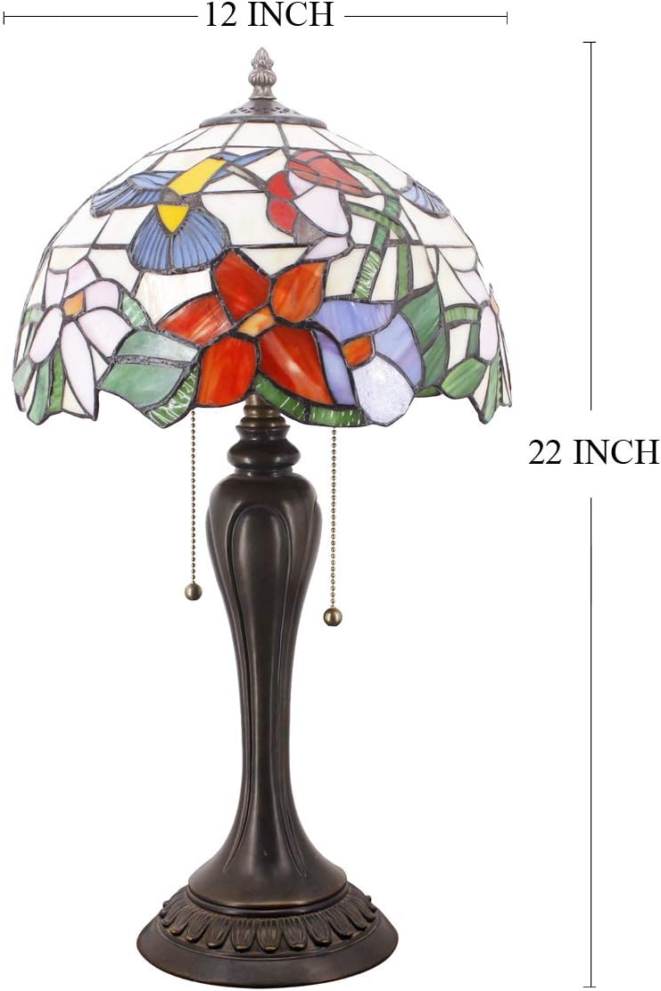 WERFACTORY Tiffany Lámpara de mesa de cristal manchado, estilo colibrí, mesita de noche, luz de lectura, 12 x 12 x 22 pulgadas, decoración para