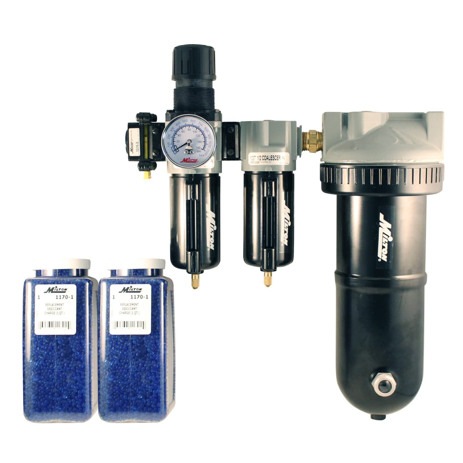 Milton 1072-2 12″ NPT Jumbo Sistema Secador Desecante con Filtro y Regulador para Pistola Pulverizadora o Herramientas Neumáticas, Incluye Manómetro