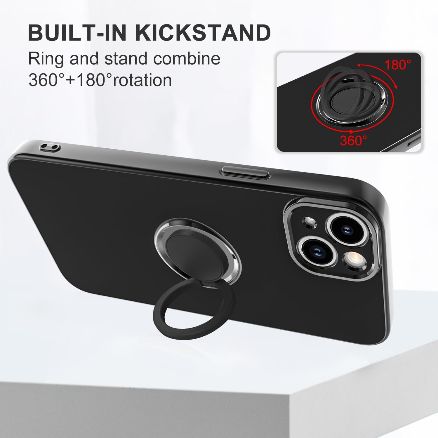 Funda para iPhone 15 Plus con cubierta de anillo forro interior de microfibra soporte de anillo giratorio de 360 Soporte magnético para automóvil