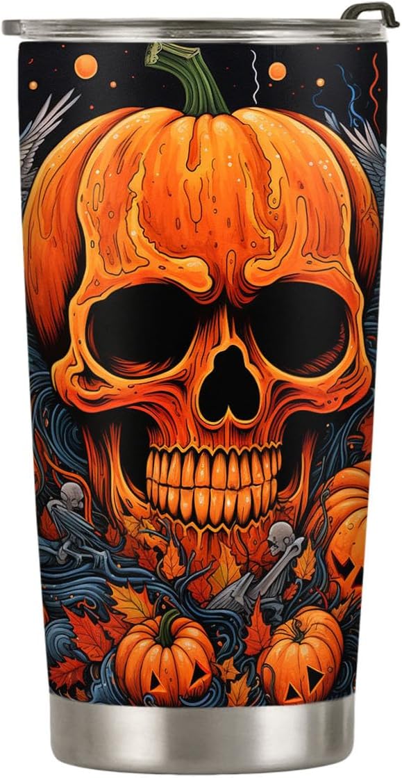 Vaso de Halloween de 20 onzas, vaso de calavera, vaso de calavera de calabaza de Halloween, taza de viaje aislada con tapa, termo de café para