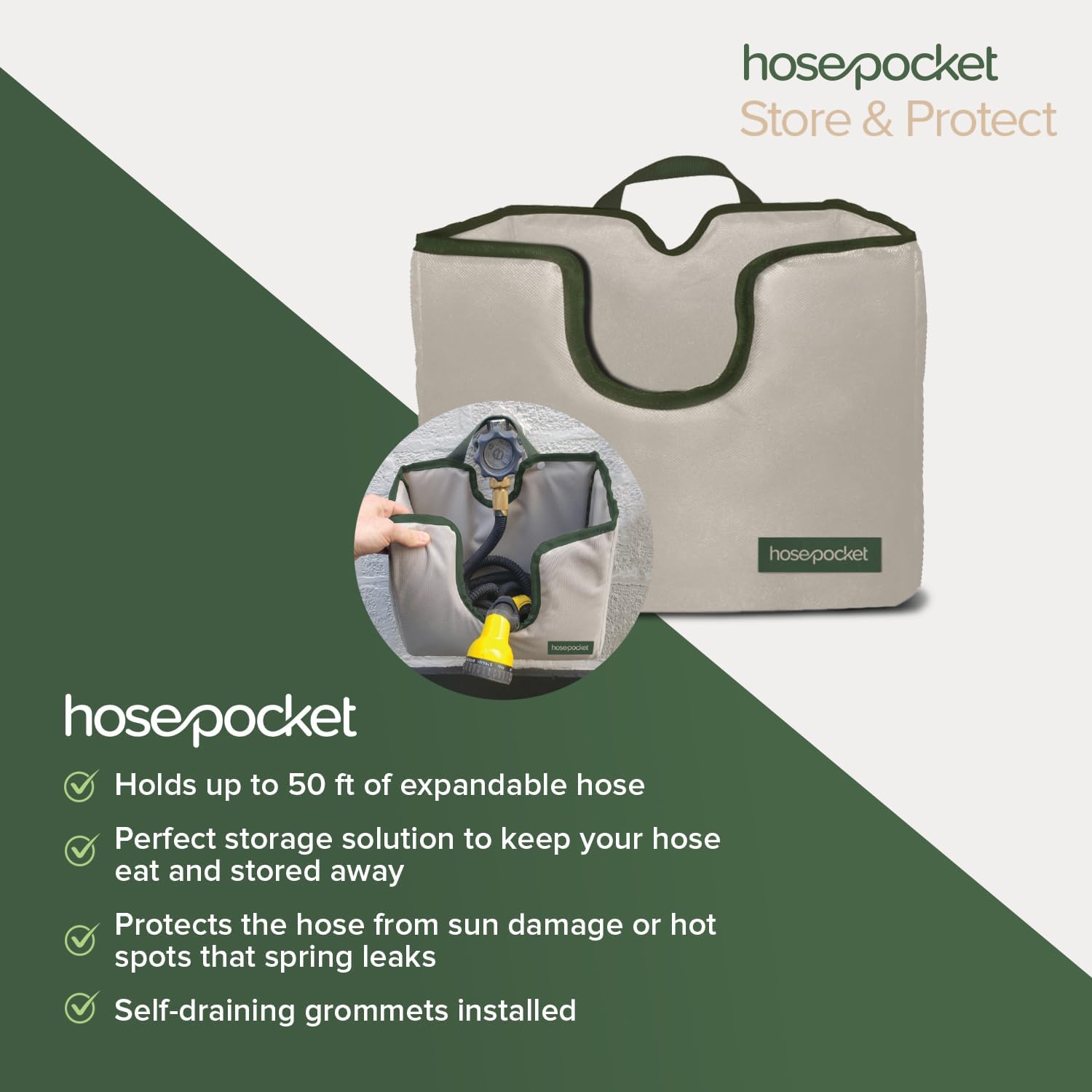 Hose Pocket – Soporte expandible para manguera de jardín  Guarda tu manguera de jardín expandible de forma ordenada y sencilla  Tamaño grande