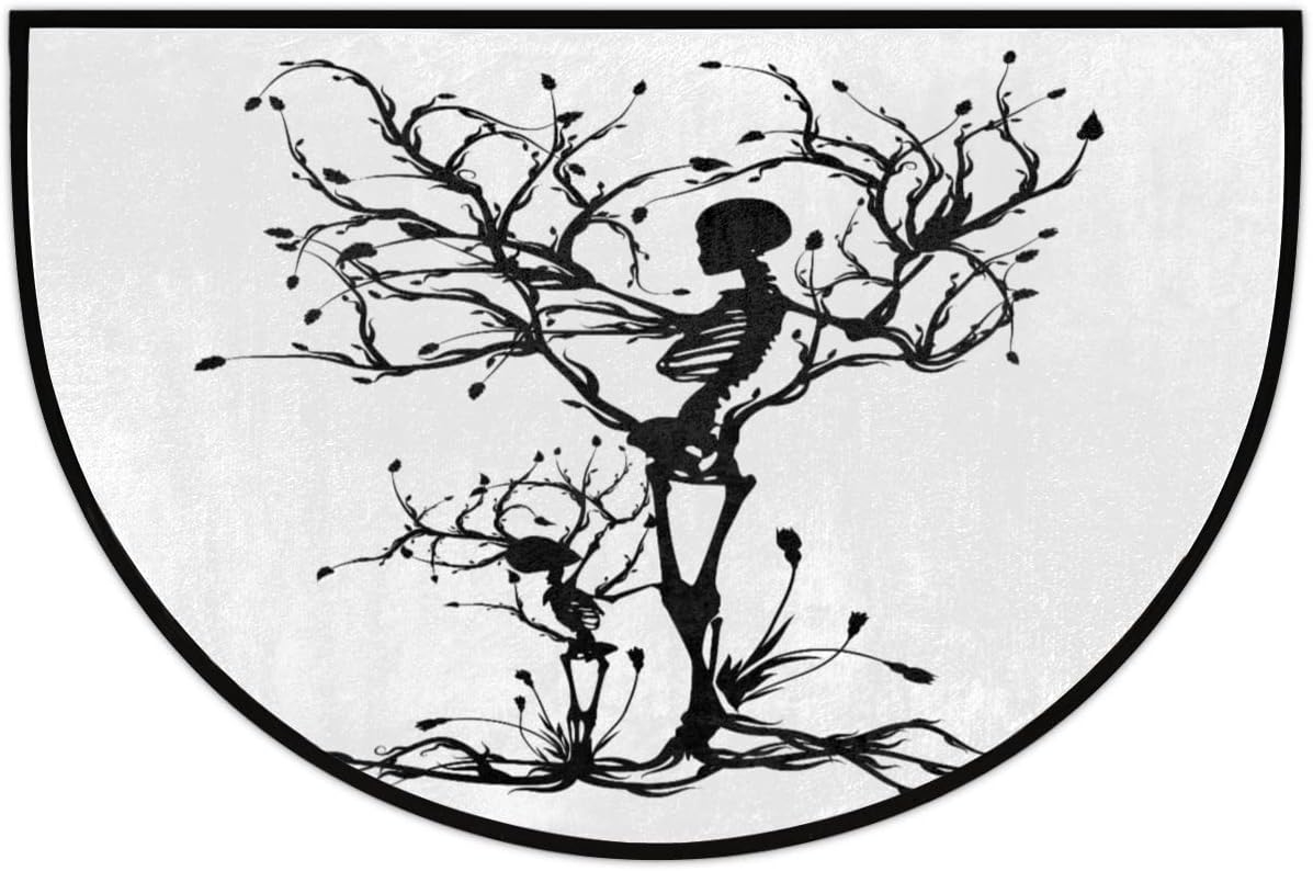 FZDXZJJ Tapete medio redondo con diseño de esqueleto, diseño de calavera y árbol, tapete de bienvenida de Halloween negro para puerta delantera,