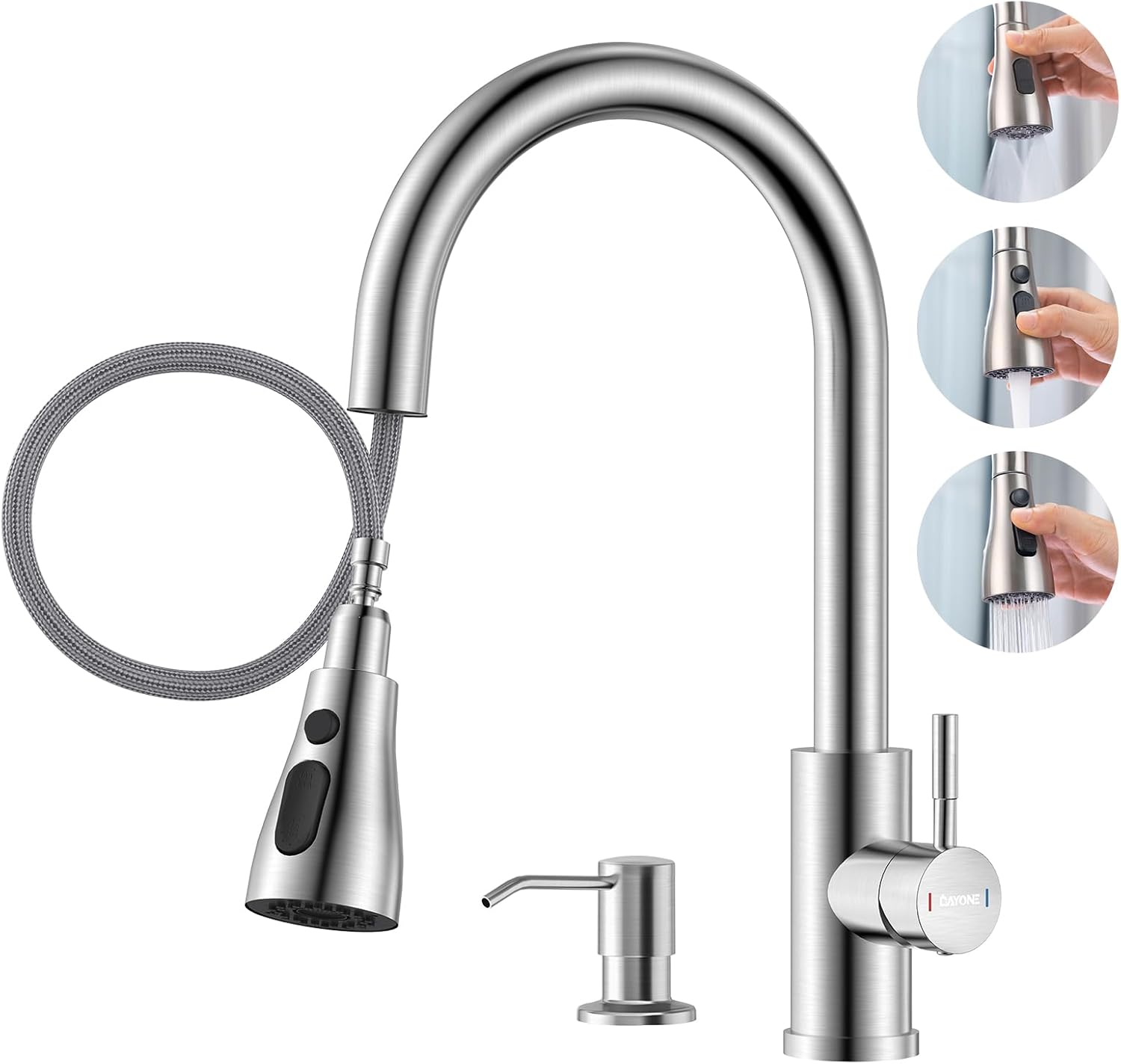 DAYONE Fuacet de cocina con dispensador de jabón de níquel cepillado, 3 modos de acero inoxidable para fregadero de cocina de 12 agujeros, grifo de