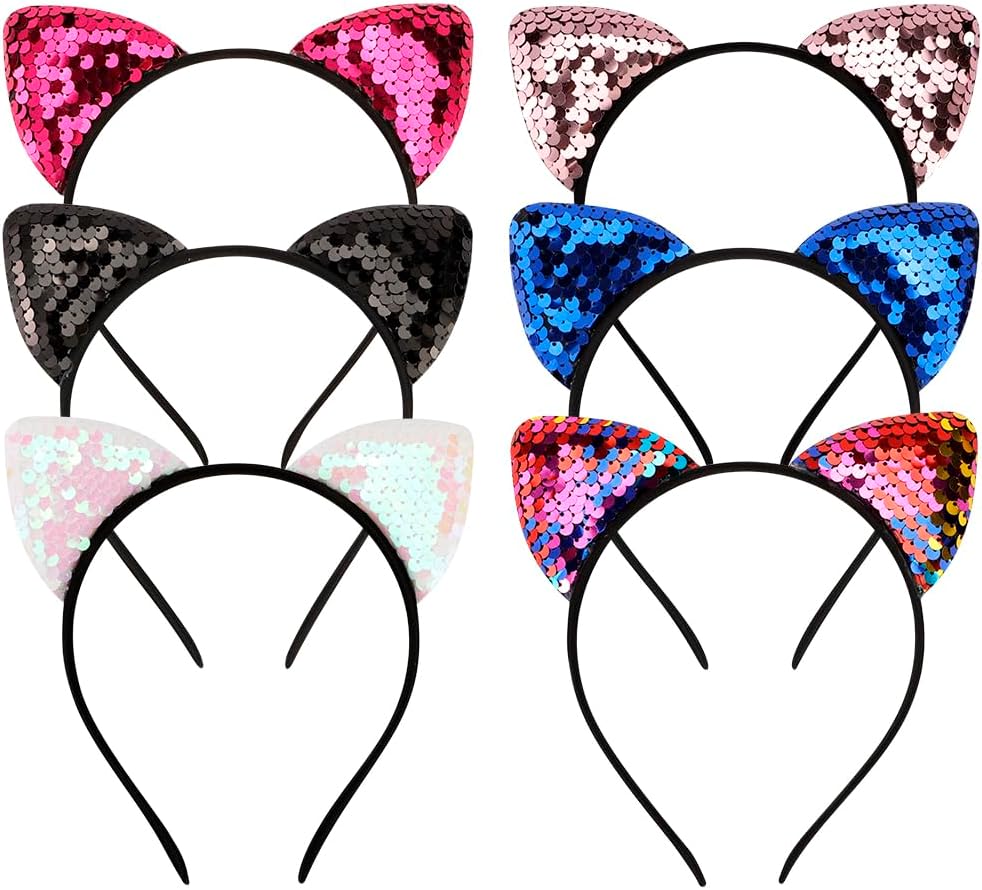 Diadema reversible con orejas de gato, con lentejuelas brillantes, para niñas y mujeres, 6 unidades