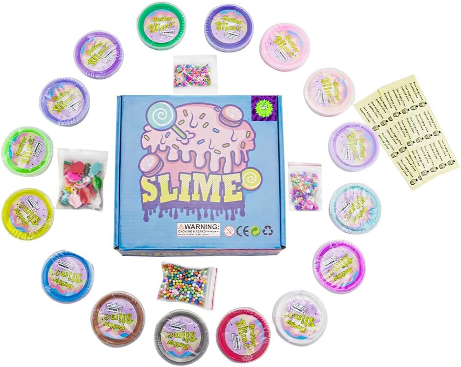 Paquete de 18 mini kit de limo de mantequilla, con sandía rosa, helado y slime de pastel, etc. Abalorios de slime de color y limo, suave y