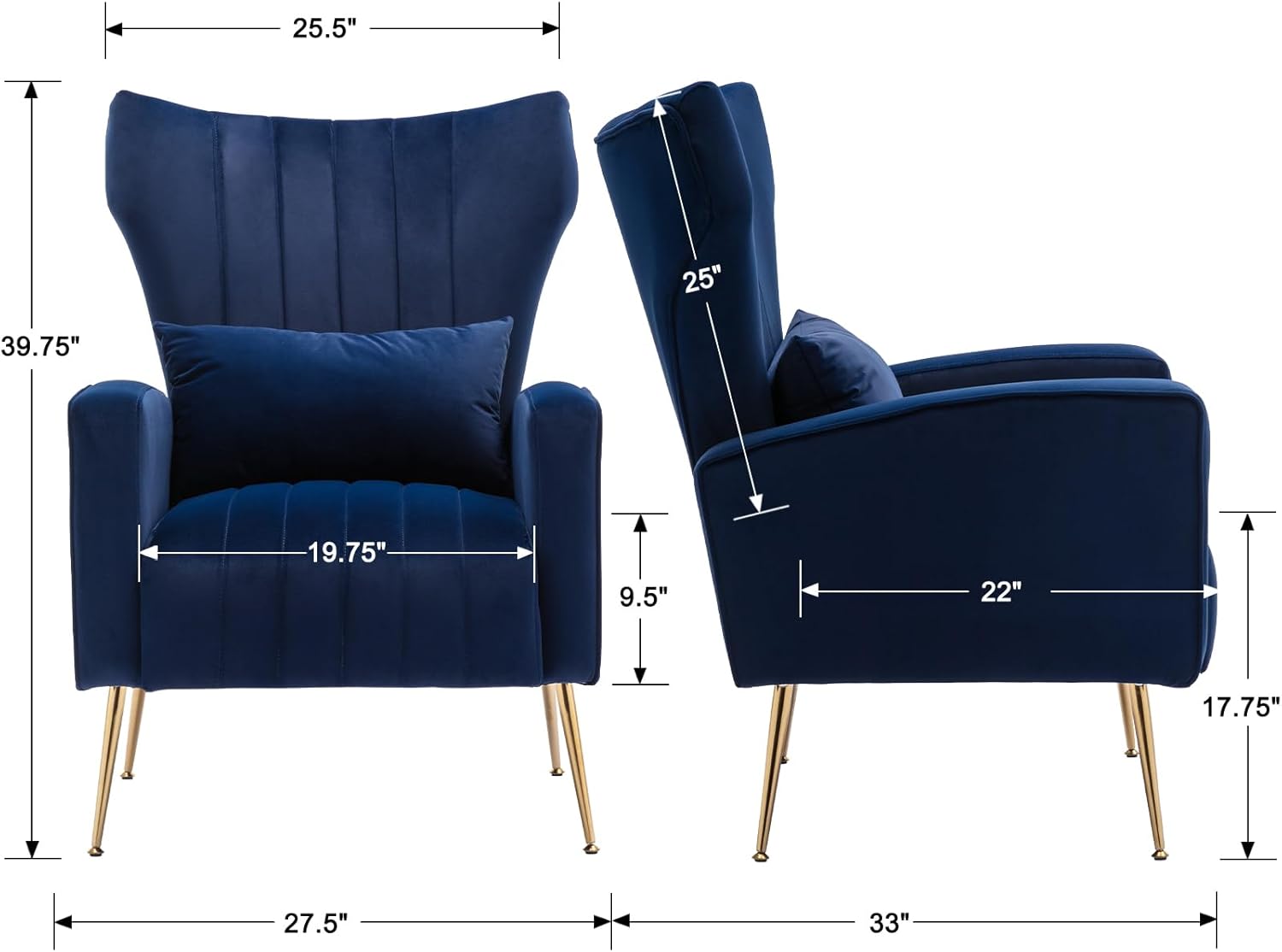 Kmax – Silla decorativa de terciopelo con brazos de mediados de siglo con patas doradas, silla con respaldo alado con almohada para dormitorio, sala