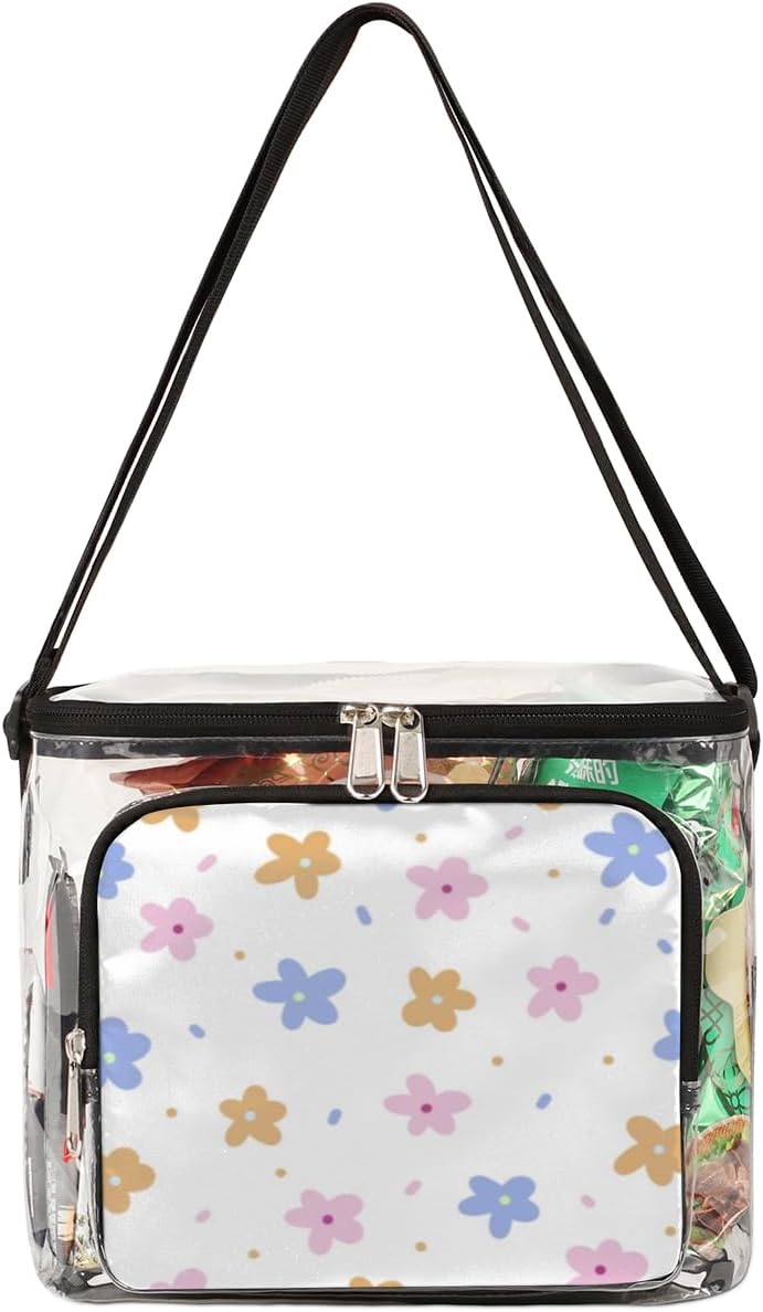 Bolsas de almuerzo transparentes con confeti floral para el trabajo, lonchera de plástico transparente con correa ajustable y compartimento frontal