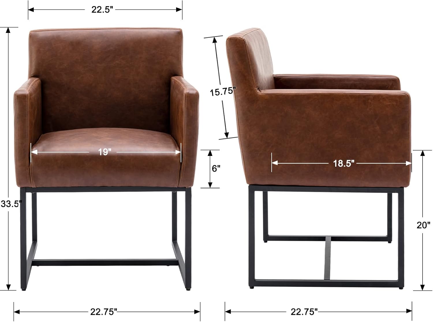 HNY Juego de 2 sillas de comedor tapizadas modernas de mediados de siglo con brazos, sillas decorativas de piel sintética con marco de metal acabado