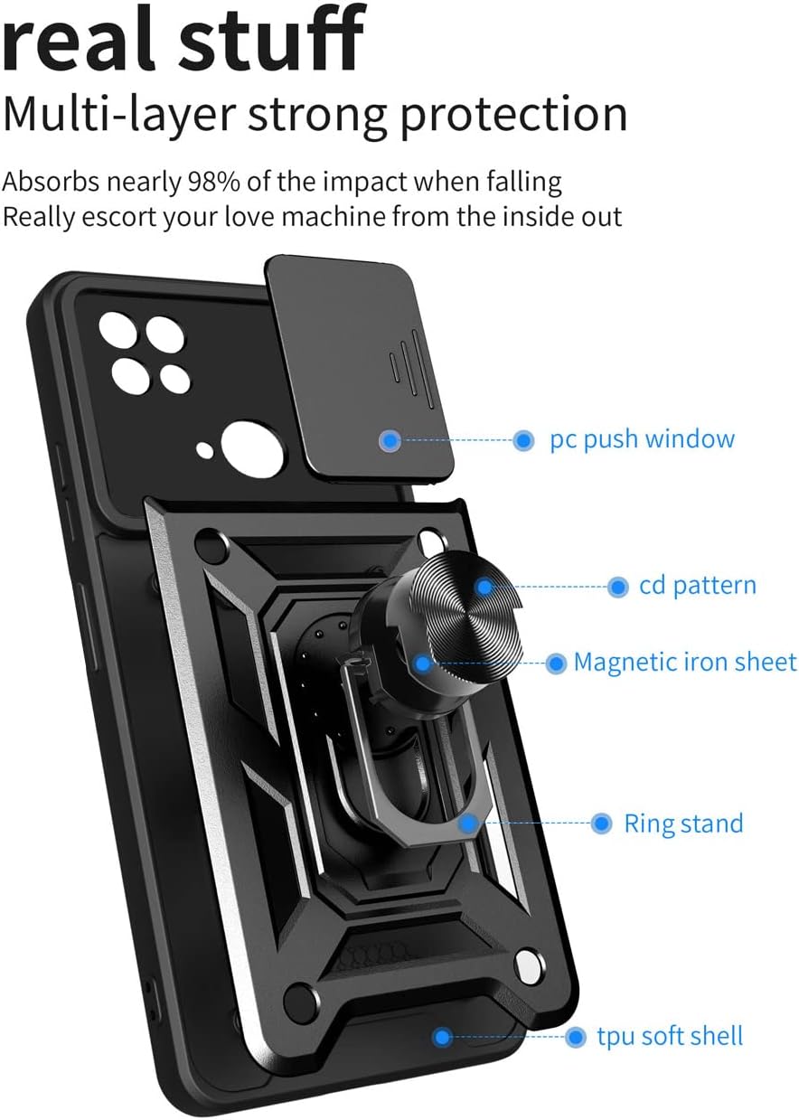 Ysnzaq Funda resistente a prueba de golpes de grado militar para Xiaomi Poco C40Redmi 10 Power 6.71 “, protección de lente de ventana deslizante con