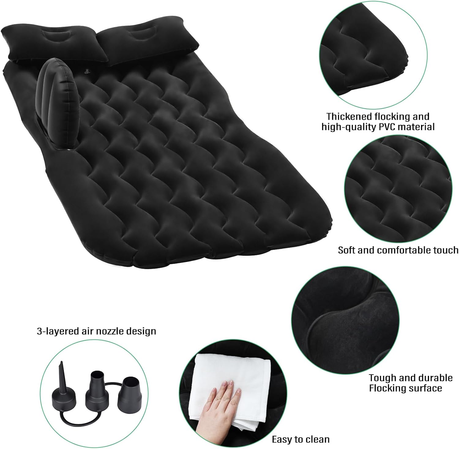 NovelBee Colchón inflable de aire para automóvil, asiento trasero, cama para dormir con cabeza y almohadilla lateral para protección adicional,