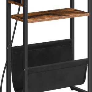 HOOBRO Mesa auxiliar estrecha, mesa auxiliar con estación de carga, mesita de noche de 3 niveles, mesita de noche con 2 estantes de madera y eslinga HOOBRO Mesa auxiliar estrecha, mesa auxiliar con estación de carga, mesita de noche de 3 niveles, mesita de noche con 2 estantes de madera y eslinga