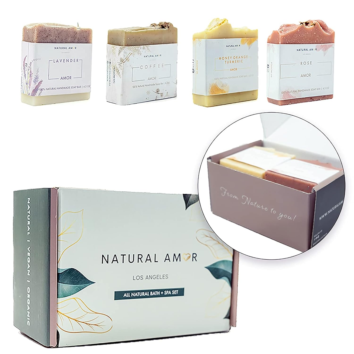 Natural Amor- Juego de barra de jabón orgánica hecha a mano (paquete de 4), hecha con todos los ingredientes naturales, jabón perfumado de aceites