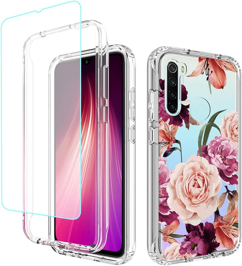 Bohefo Funda para Redmi Note 8 (20192021) con protector de pantalla de vidrio templado, cuerpo completo, lindo diseño floral, a prueba de golpes,