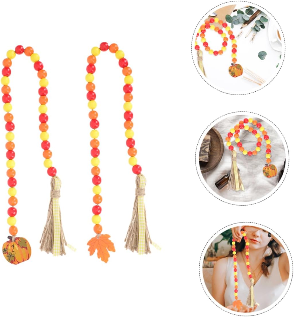 Artibetter 2 guirnaldas de cuentas de madera navideñas para colgar en otoño, guirnalda rústica con borlas, cuentas de madera colgantes de cosecha,