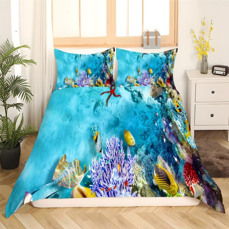 Sky Blue Fish School Duvet Cover Full Animal Print Bedding Sets Full Soft Microfiber Comforter Cover and 2 Pillow Shams 20″X26″, Bed Set Duvet