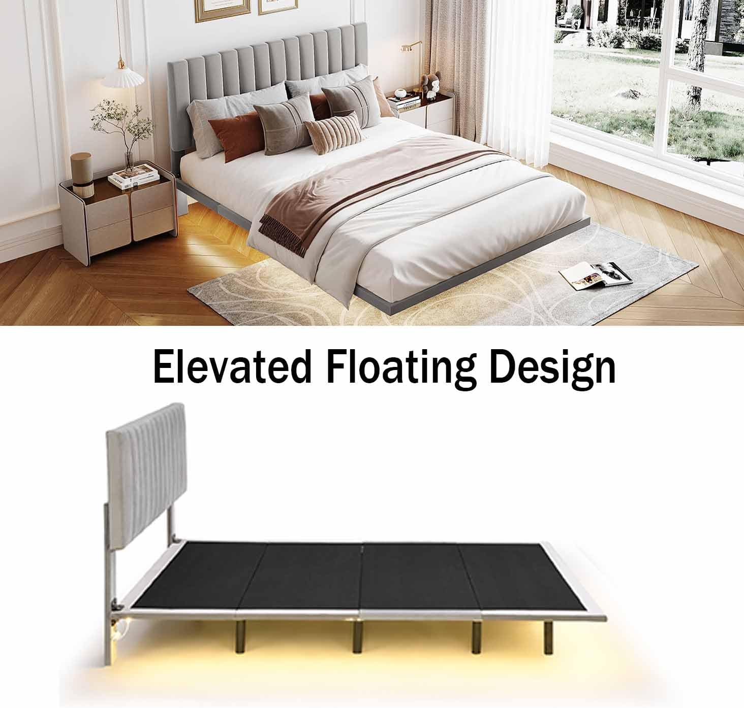 Base de cama flotante Queen con luz LED  cabecero, base de cama moderna de tela de terciopelo, base de colchón, soporte de listones de madera, no