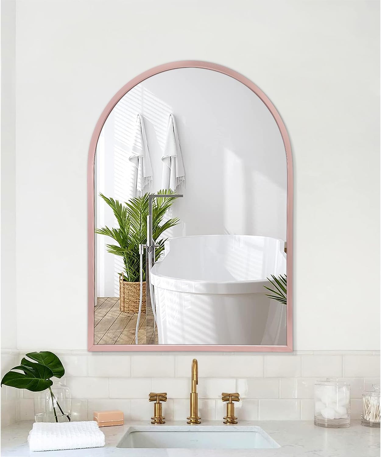 Espejo de pared de arco con marco de metal, espejo de pared para entrada, sala de estar, dormitorio, tocador, decoración de pared, oro rosa, 20 x 16
