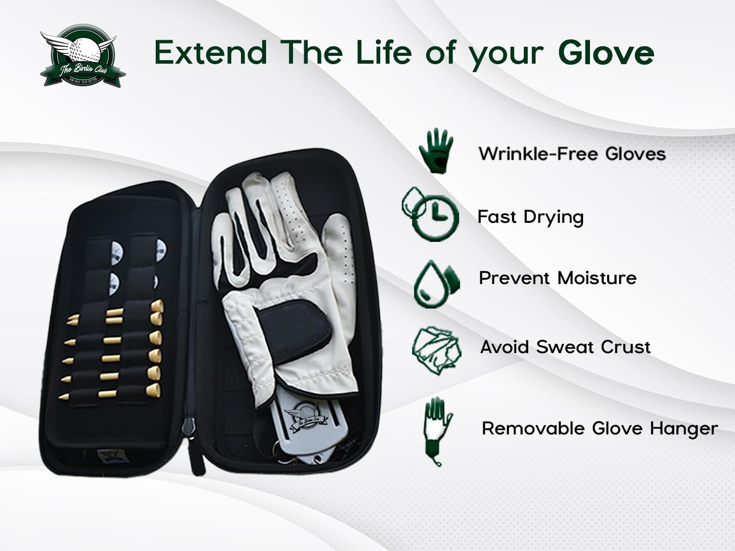 The Birdie Club Estuche para guantes de golf  Funda de golf con agujero para cable de carga para teléfono, soporte para guantes extraíble y tres