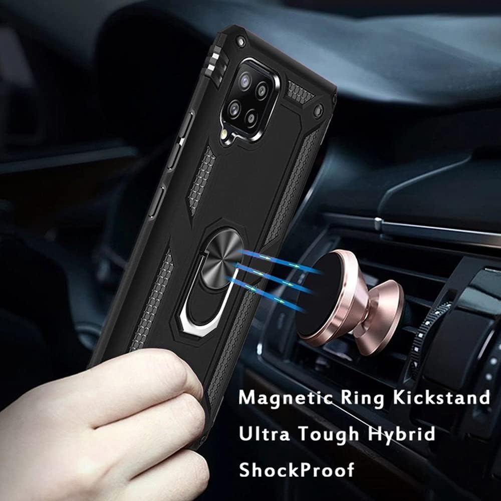 TJS Funda compatible con Samsung Galaxy A12, con protector de pantalla de vidrio templado, anillo de metal Defender con soporte magnético para