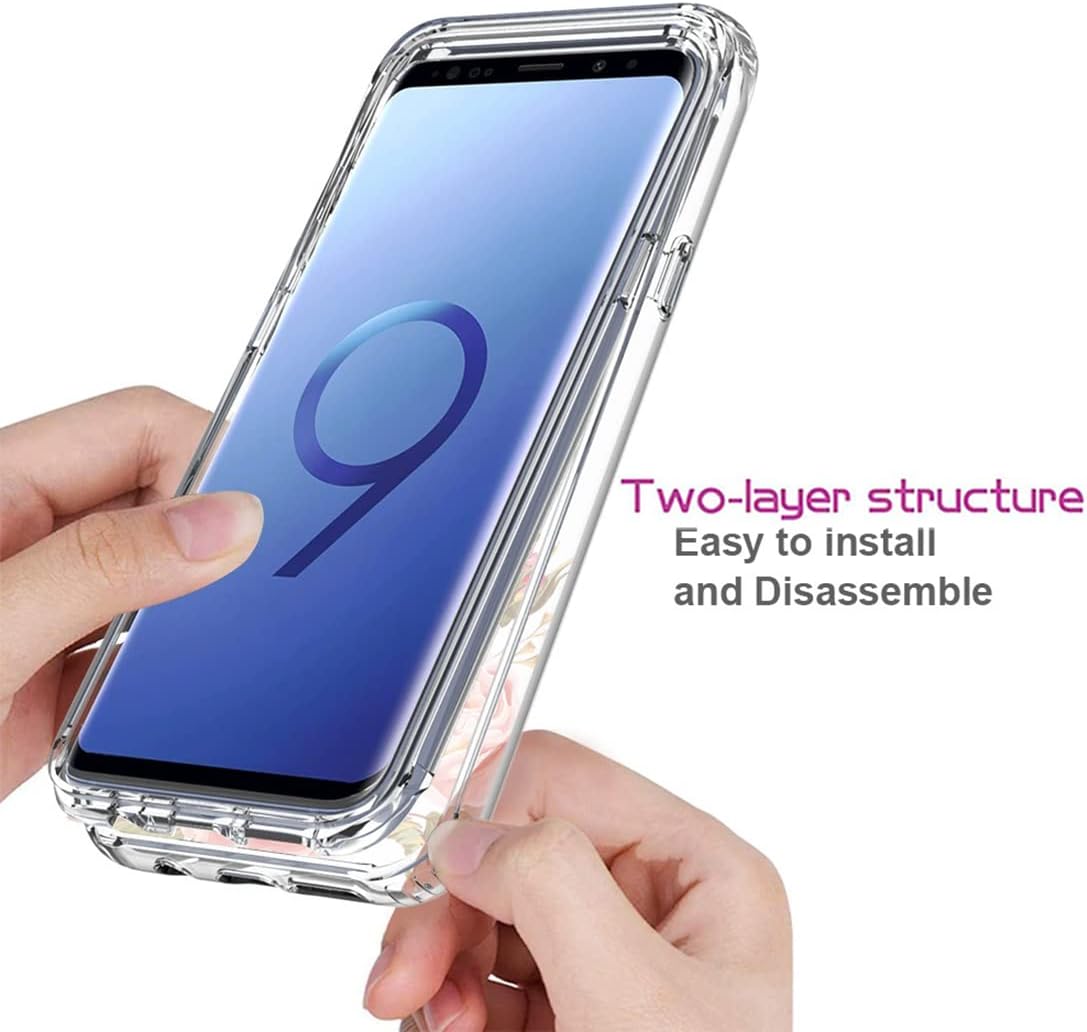Funda para Galaxy S9, SM-G960U con protector de pantalla de vidrio templado, cuerpo completo, transparente, flexible, con diseño floral, funda para