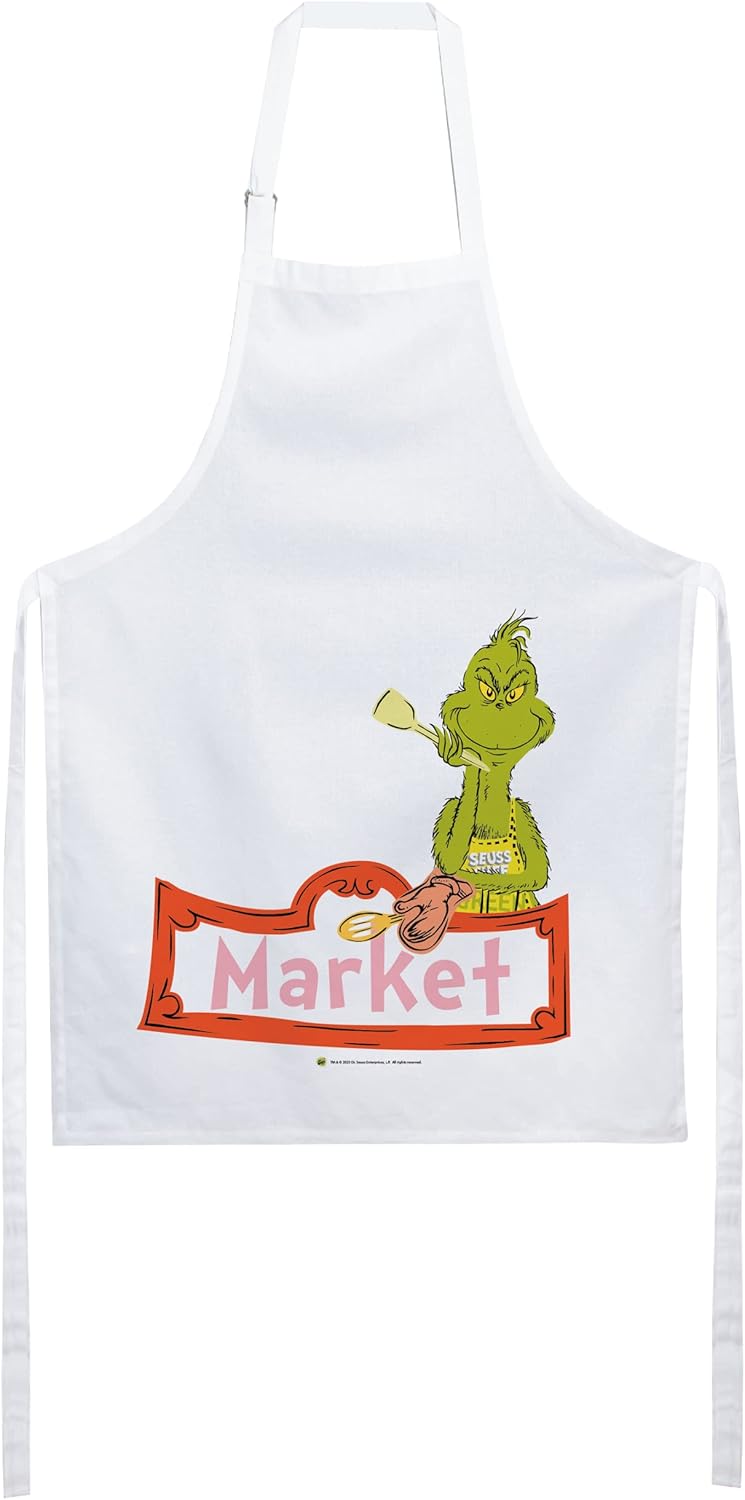Bioworld Dr. Seuss The Grinch – Delantal unisex de tela blanca con letrero de mercado, Blanco