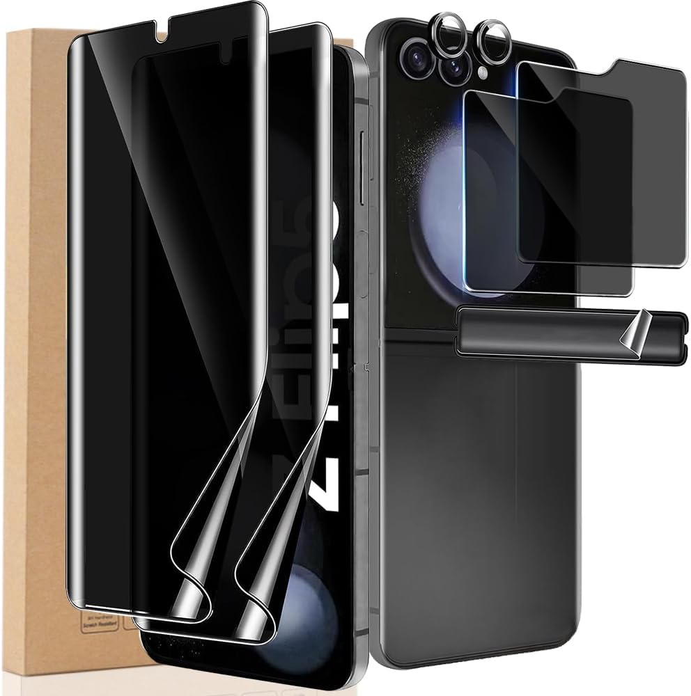 CYCFAIML Protector de pantalla de privacidad 8 en 1 para Samsung Galaxy Z Flip 5, 2 películas plegables interiores de TPU negro suave, 2 protectores