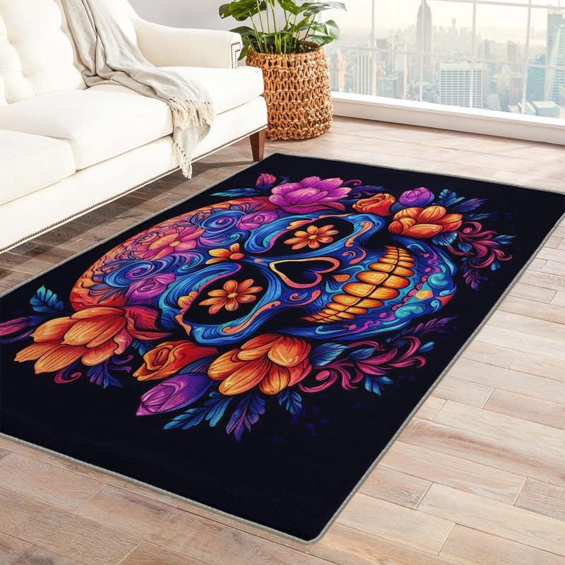 Alfombras lavables para entrada, sala de estar, dormitorio, alfombra de calavera de azúcar y decoración del hogar, alfombra de área del Día de los