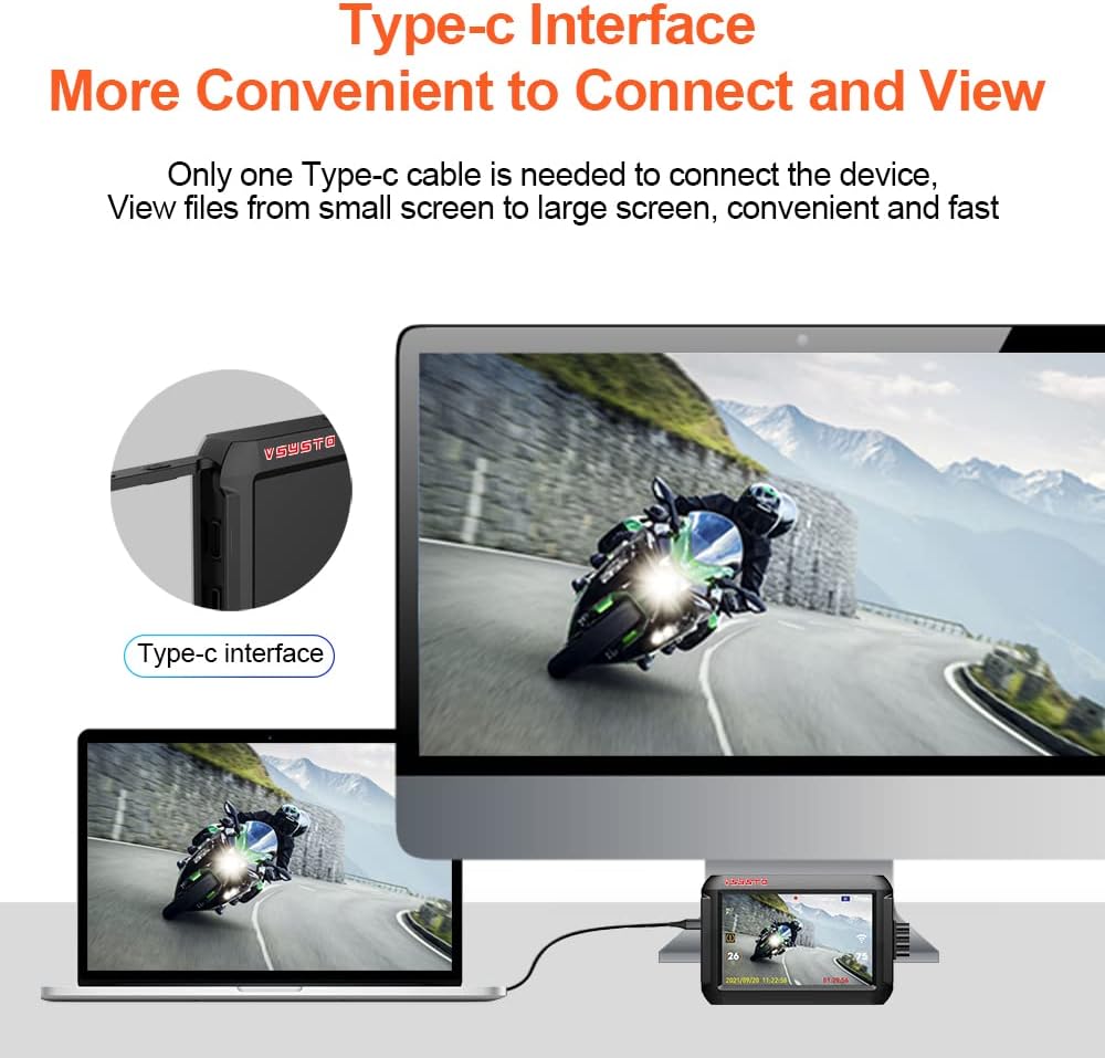 VSYSTO Cámara WiFi para salpicadero de motocicleta, sensores de presión de neumáticos, pantalla de 4 pulgadas, WDR HD 1080P, lente ojo de pez gran