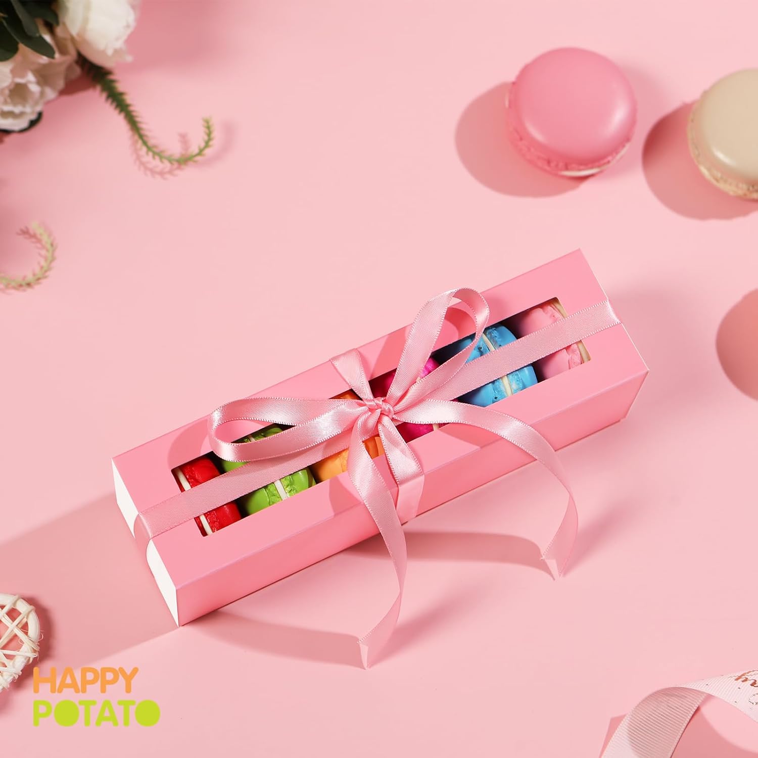 HAPPY POTATO Paquete de 25 cajas de macarrones para 6, 7.2 x 1.9 x 1.9 pulgadas, cajas de embalaje de macarrones, cajas de macarrón rosa con ventana