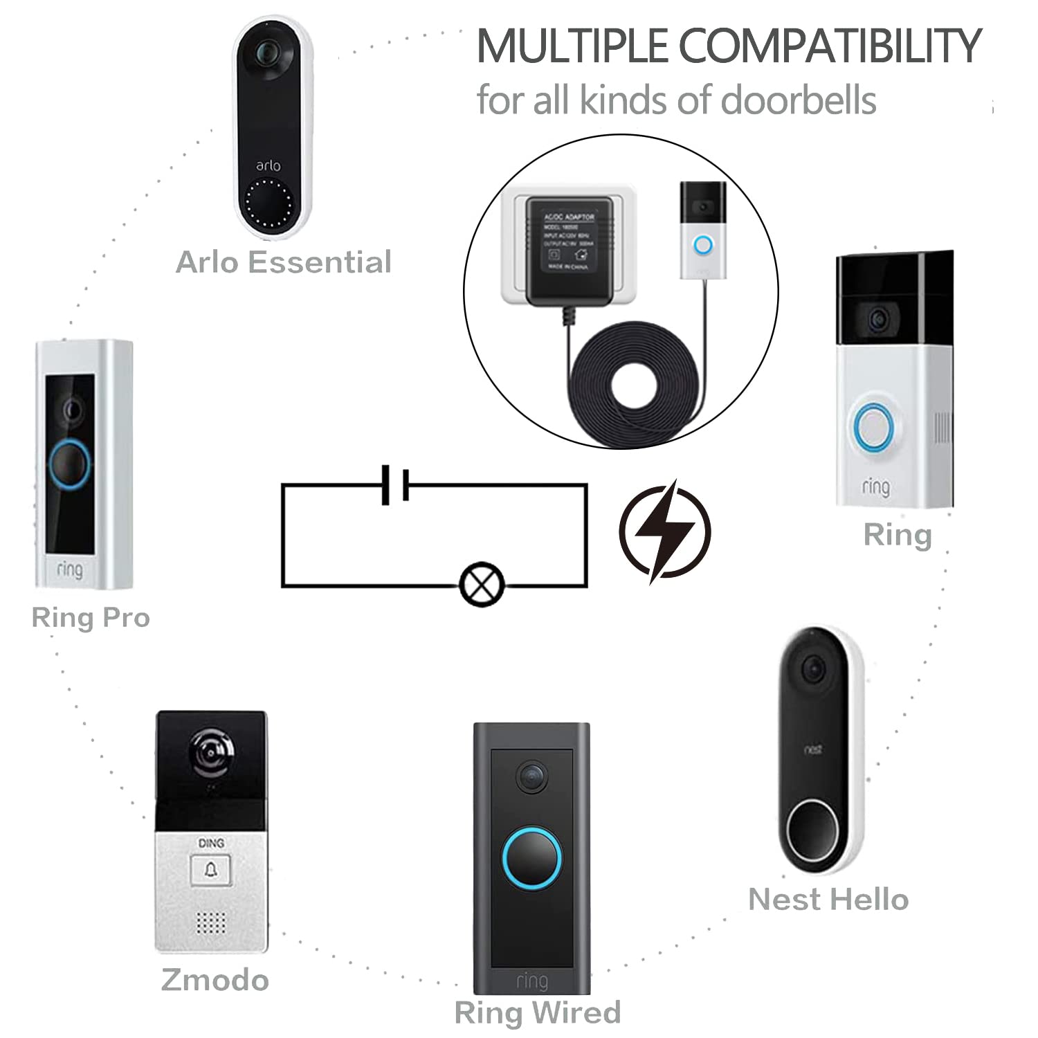Adaptador de timbre para anillo, transformador universal de 18 V compatible con múltiples tipos de timbre o termostato, 16 pies16.4 ft
