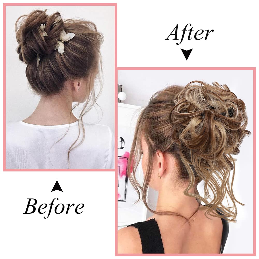 ZERAL Extensiones de cabello despeinado con bandas elásticas para el cabello rizado para mujeres (mezcla marrón y rubio decolorado)