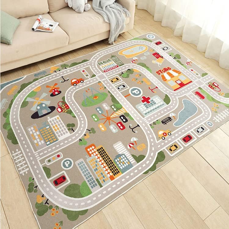 Alfombra de juegos para niños, alfombra de juego de vida urbana para autos de juguete y trenes, alfombra de área de juegos con respaldo de goma,