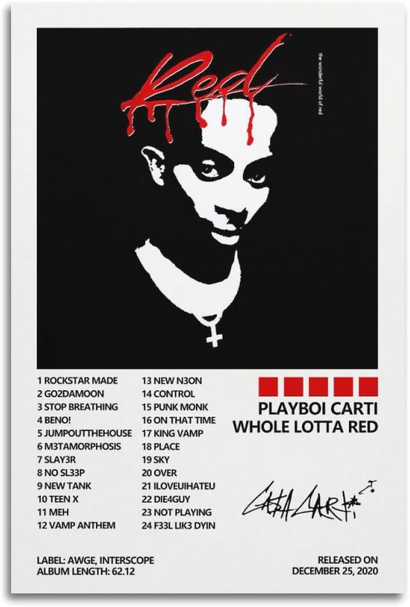 SUANYE Póster de Playboi Carti Whole Lotta Red para dormitorio, pintura decorativa estética, arte de pared, 16 x 24 pulgadas (15.7 x 23.6 in)
