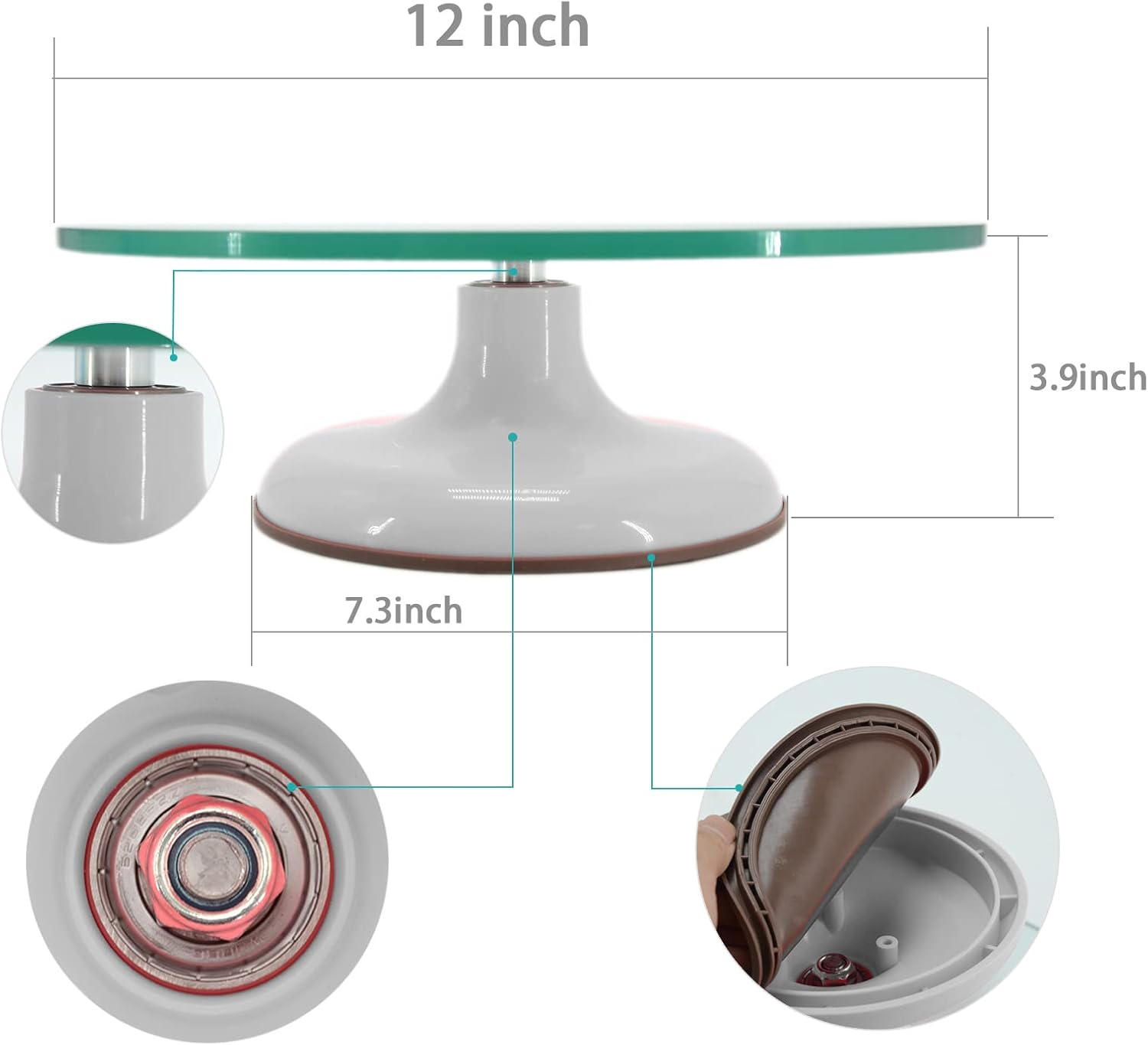 Distlety 12 Inches Cake Turntable, Cake Turntable Rotating Cake Decorating, Ultra Quiet Glass Turntable Cake Stand with White Sturdy Base