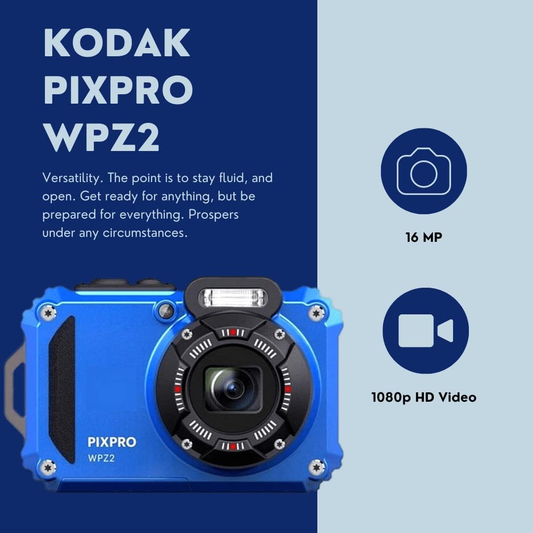 Kodak PIXPRO WPZ2 – Cámara digital resistente al agua de 16 MP con zoom óptico 4x (azul) paquete con bolsa Koah Nostrand Gadget, correa flotante