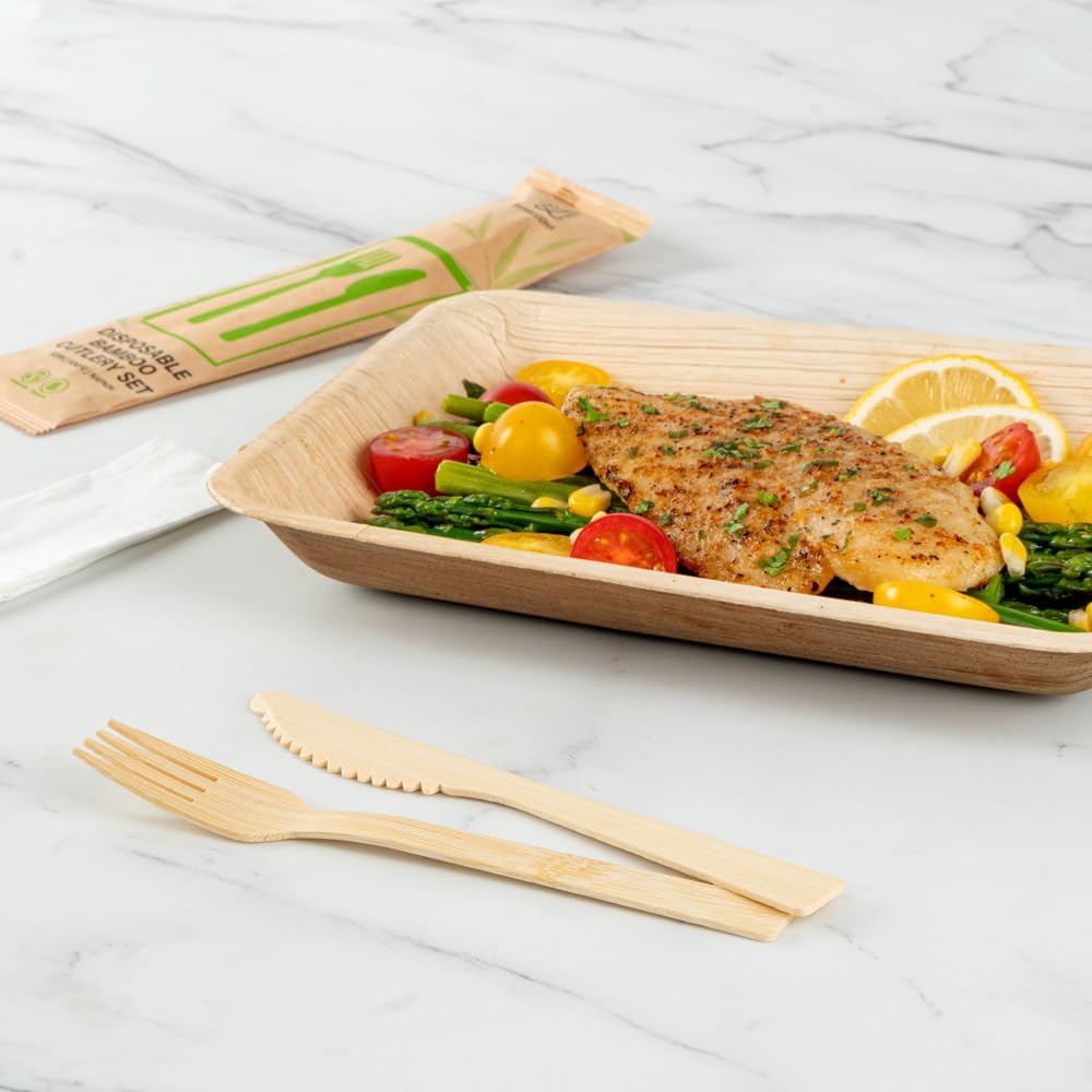 Restaurantware Bambuddha – Juego de utensilios de bambú de 7 pulgadas, 100 utensilios de bambú desechables, cuchillo y servilleta, acabado liso,