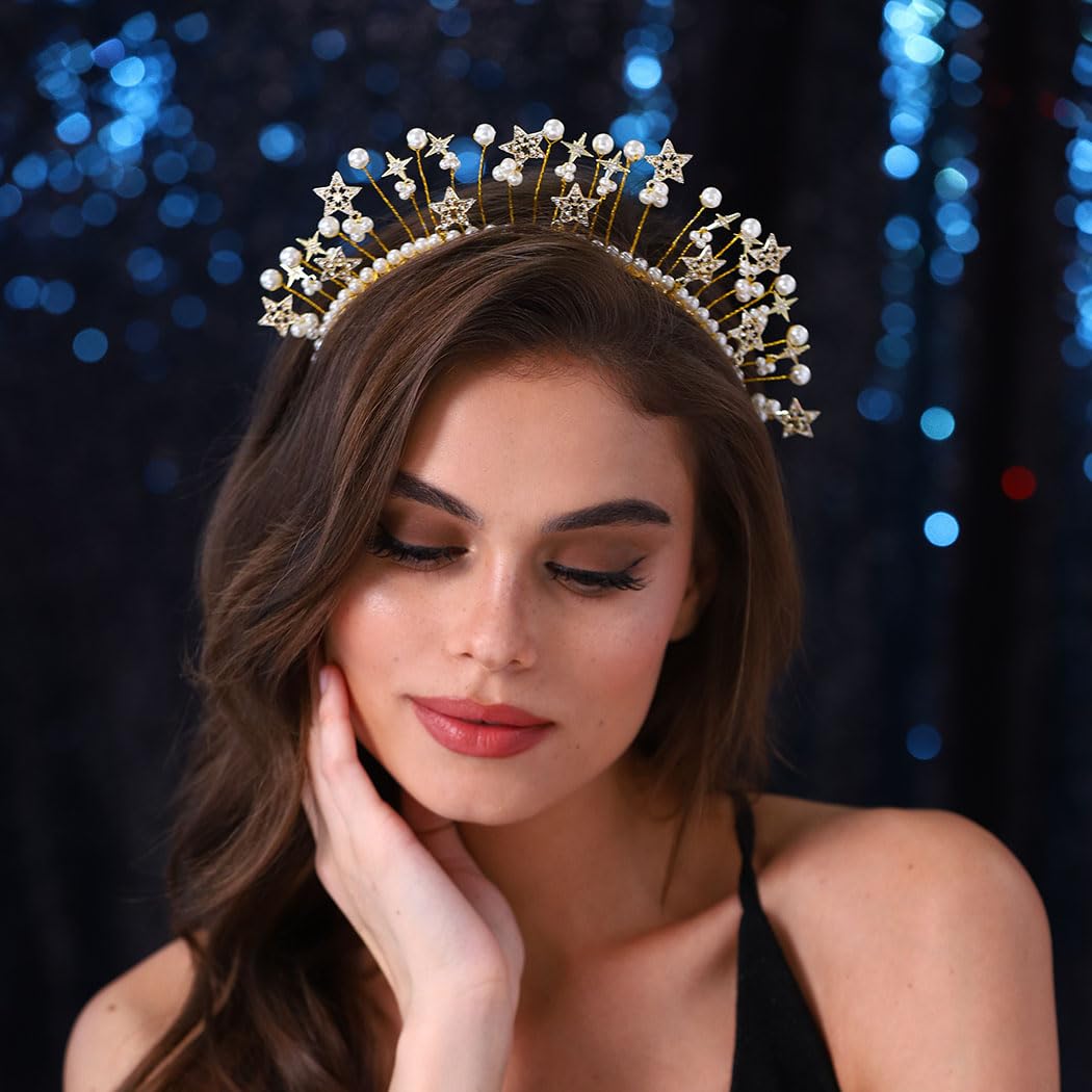 Urieo Corona con halo de estrellas, perlas doradas, diadema de diosa, tiara fina de cristal, accesorios para el cabello hechos a mano para mujeres