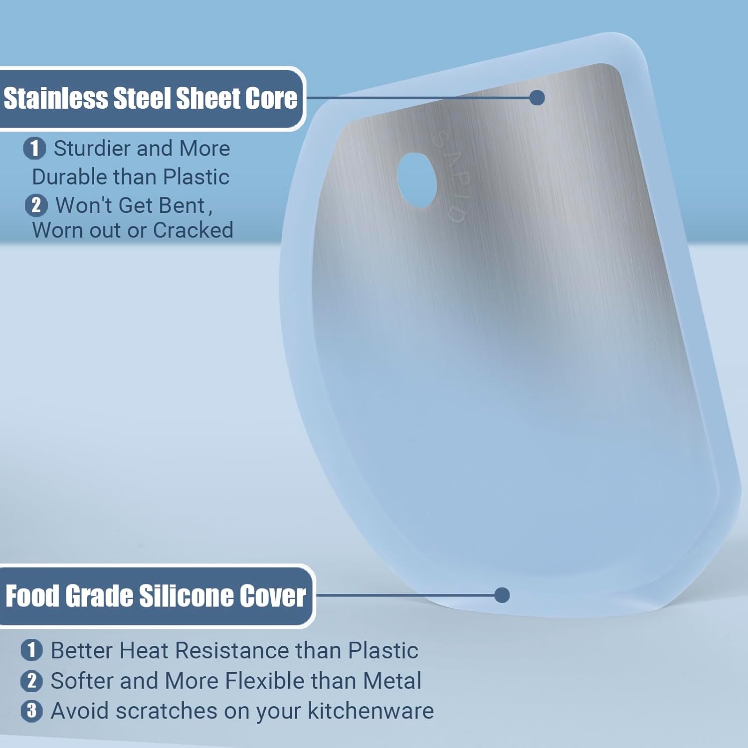 Rascador de masa de silicona con hoja de acero inoxidable, raspador de tazón flexible de borde curvado para hornear, raspador de banco de silicona